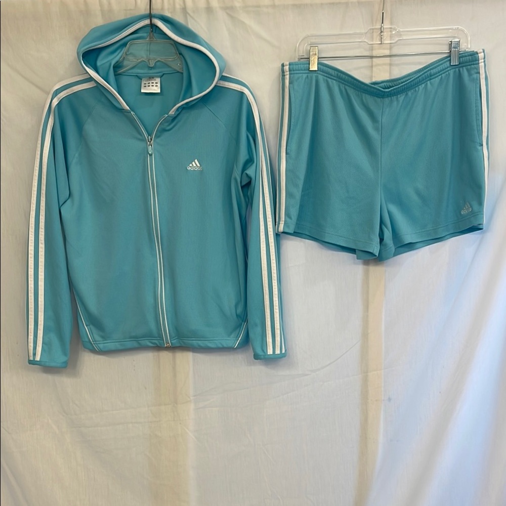 Adidas Aqua Blue Tracksuit with White Stripes